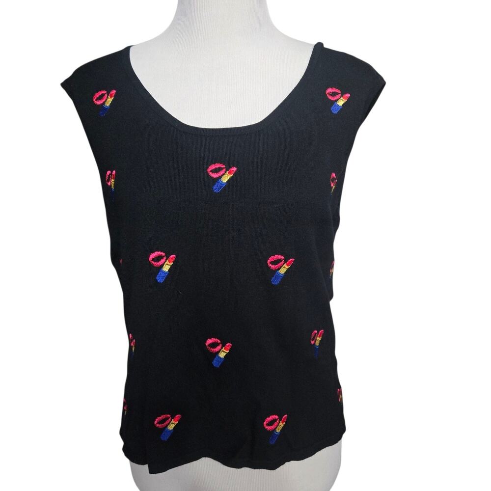 VTG Erin Matthews Embroidered Top Lips Lipstick Black Pink XL Sleeveless Kitch